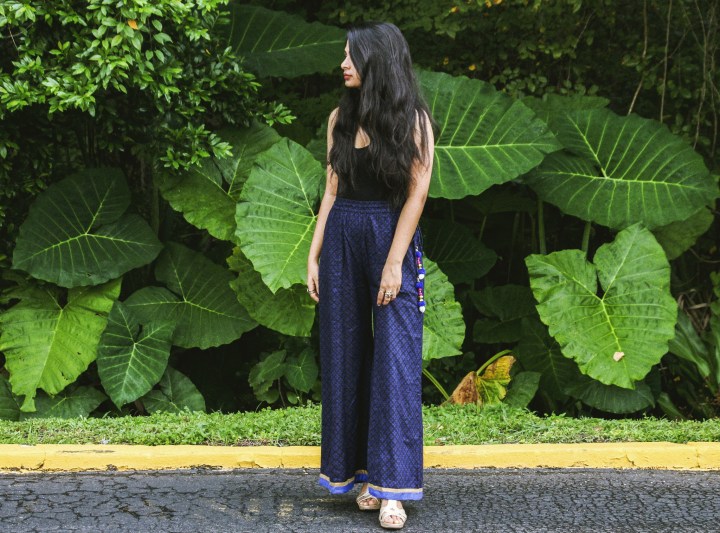 blue palazzo pants gold heels 