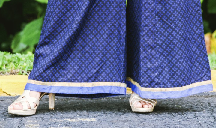 gold heels blue palazzo pants 