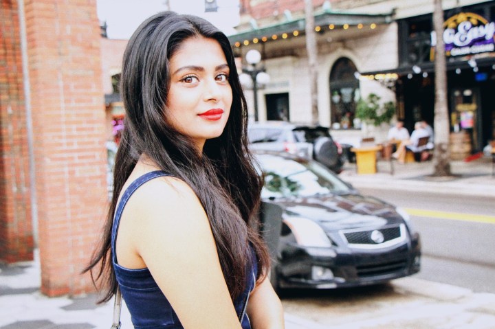 denim dress red lips closeup