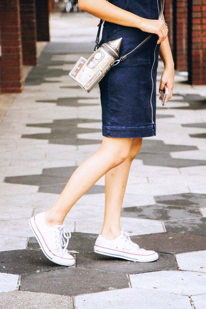 denim dress white converse rocket sling bag 