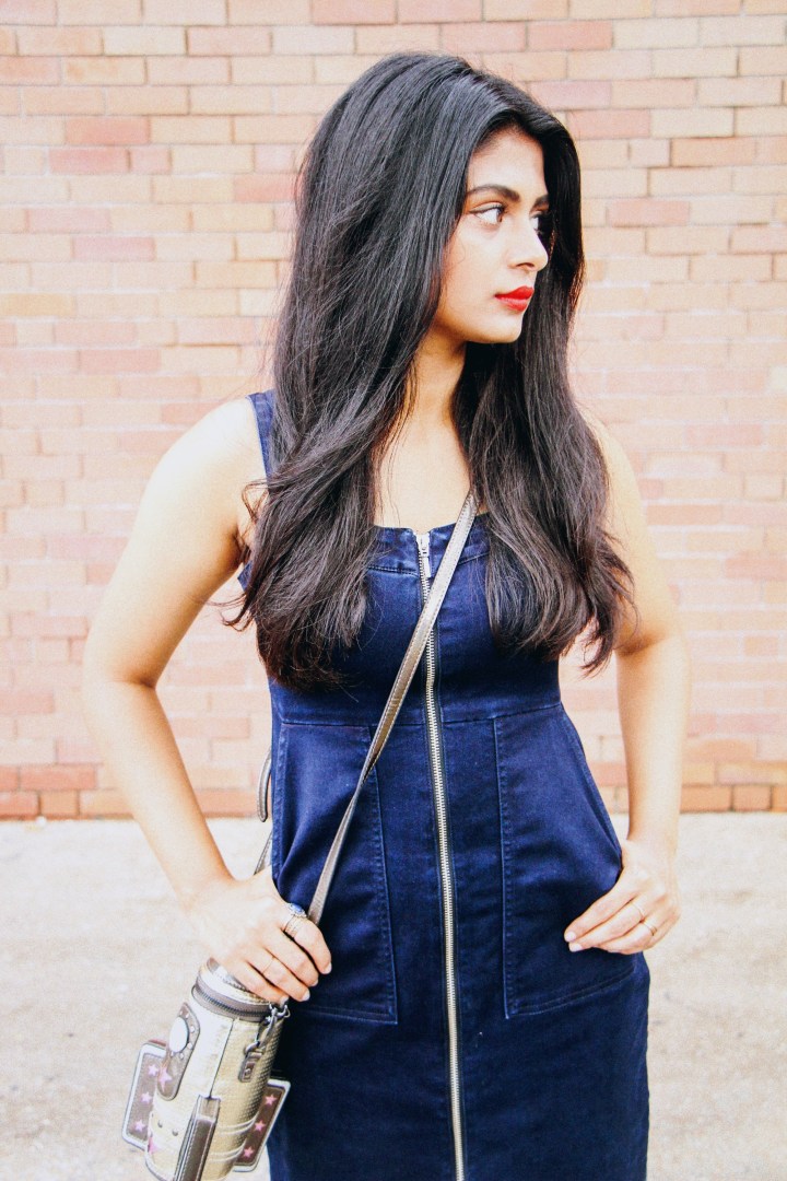 denim dress red lips sling bag portrait 