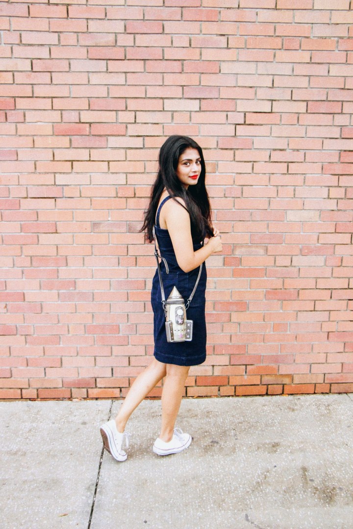 denim dress red lips rocket shaped sling bag 