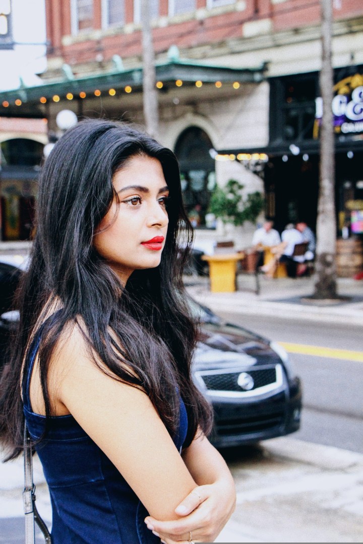 red lips denim dress middle parted hair old town 