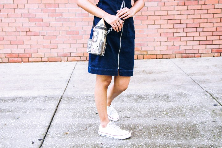 denim dress white converse rocket shaped cross body bag 
