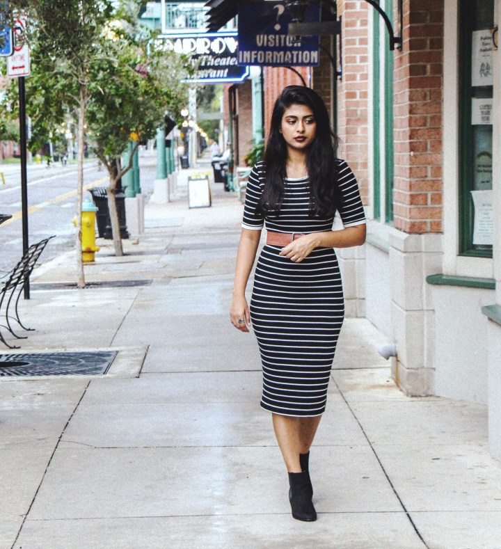 striped midi dress dark lips 